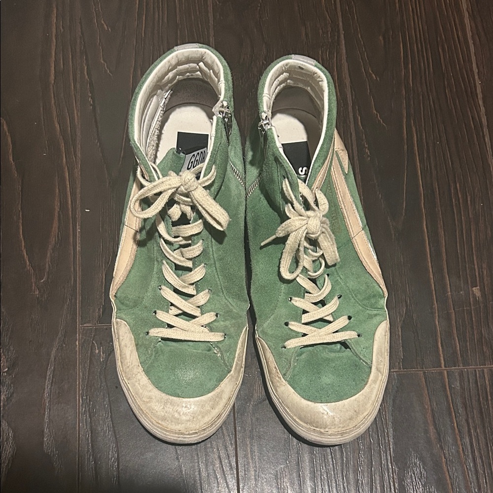 Golden Goose Green and Cream High-Top Sneakers
